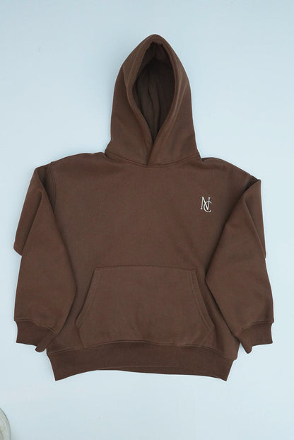 Kid's Mini & Me's - Butter Soft Hoodie in chocolate-brown with a kangaroo pocket and NC logo, designed for a cozy, oversized fit.