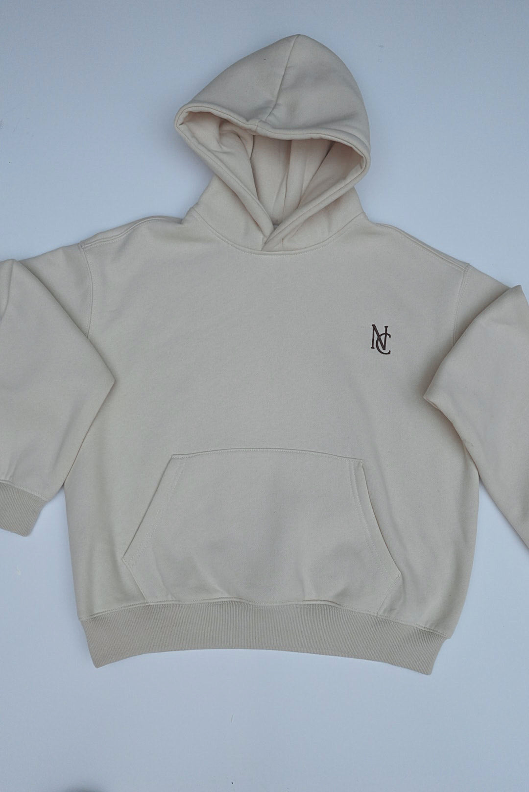 Woman's Mini & Me - Beige Butter Soft Trackies: Light-beige pullover hoodie with roomy hood, kangaroo pocket, ribbed cuffs, hem, and monogram logo on left chest.