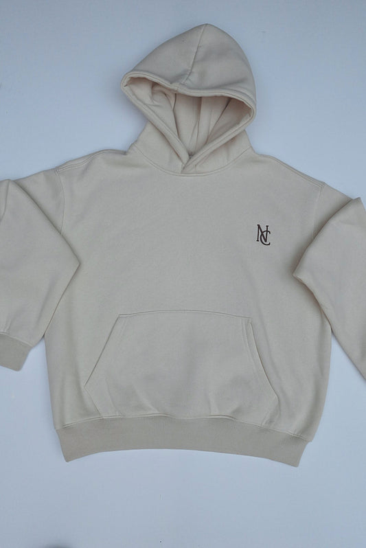 Woman's Mini & Me - Beige Butter Soft Trackies: Light-beige pullover hoodie with roomy hood, kangaroo pocket, ribbed cuffs, hem, and monogram logo on left chest.
