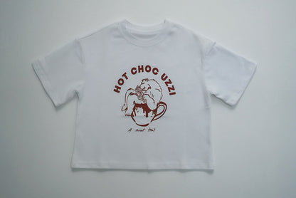 HOT CHOC UZZI TEE with cartoon bear in a mug graphic, perfect for winter. Made from 100% cotton, ideal for your child's cozy wardrobe.